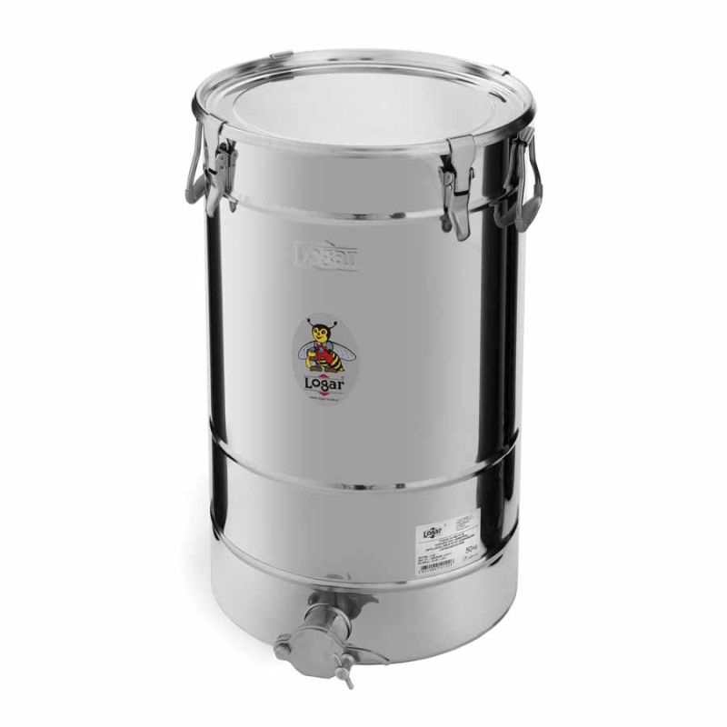 Logar pojemnik do rozlewu miodu 50 kg z dnem skośnym, 4 klamry dociskowe